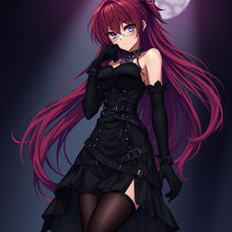 An alluring gothic anime girl characterized by her long, flowing red hair and curvaceous figure, clad in an intricately designed black dress that features multiple belts and chains, showcasing her bold style