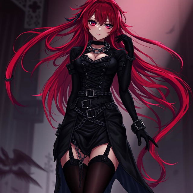 An alluring gothic anime girl characterized by her long, flowing red hair and curvaceous figure, clad in an intricately designed black dress that features multiple belts and chains, showcasing her bold style