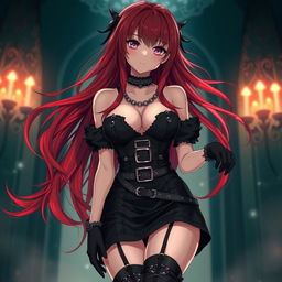 An alluring gothic anime girl characterized by her long, flowing red hair and curvaceous figure, clad in an intricately designed black dress that features multiple belts and chains, showcasing her bold style