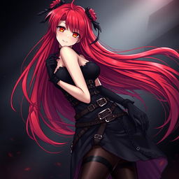 An alluring gothic anime girl characterized by her long, flowing red hair and curvaceous figure, clad in an intricately designed black dress that features multiple belts and chains, showcasing her bold style