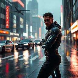 A futuristic cityscape inspired by Blade Runner 2049, showcasing Kevin Levrone dressed in high-tech, sleek sportswear, featuring glowing accents and a modern athletic build