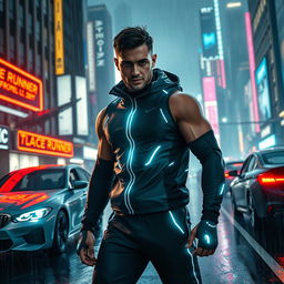 A futuristic cityscape inspired by Blade Runner 2049, showcasing Kevin Levrone dressed in high-tech, sleek sportswear, featuring glowing accents and a modern athletic build