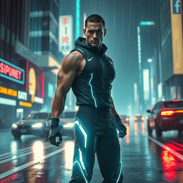 A futuristic cityscape inspired by Blade Runner 2049, showcasing Kevin Levrone dressed in high-tech, sleek sportswear, featuring glowing accents and a modern athletic build