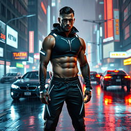 A futuristic cityscape inspired by Blade Runner 2049, showcasing Kevin Levrone dressed in high-tech, sleek sportswear, featuring glowing accents and a modern athletic build
