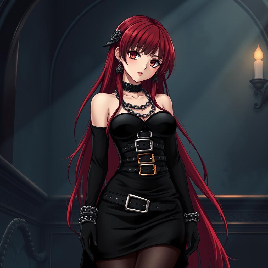 An alluring gothic anime girl characterized by her long, striking red hair and voluptuous figure, elegantly dressed in a stylish black dress featuring an array of belts and chains that accentuate her bold fashion sense