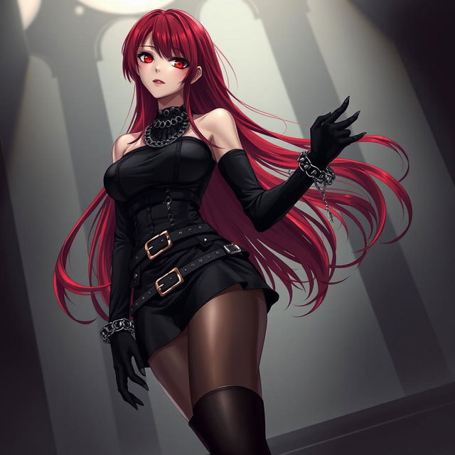 An alluring gothic anime girl characterized by her long, striking red hair and voluptuous figure, elegantly dressed in a stylish black dress featuring an array of belts and chains that accentuate her bold fashion sense