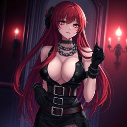 An alluring gothic anime girl characterized by her long, striking red hair and voluptuous figure, elegantly dressed in a stylish black dress featuring an array of belts and chains that accentuate her bold fashion sense