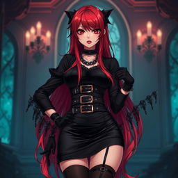An alluring gothic anime girl characterized by her long, striking red hair and voluptuous figure, elegantly dressed in a stylish black dress featuring an array of belts and chains that accentuate her bold fashion sense
