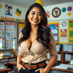 A beautiful Filipina teacher with large breasts, standing confidently in a classroom adorned with educational posters and colorful decorations