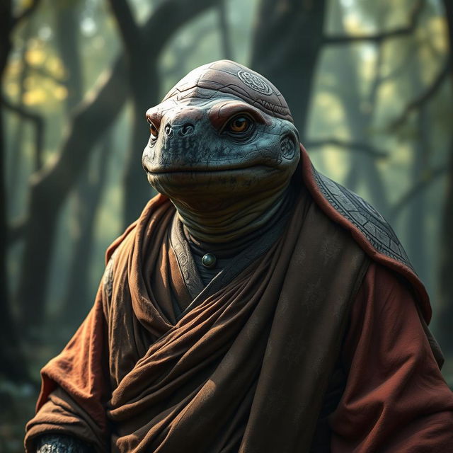 An ancient warrior turtle monk with a weathered appearance, featuring a reddish shell