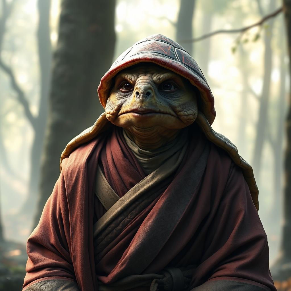 An ancient warrior turtle monk with a weathered appearance, featuring a reddish shell