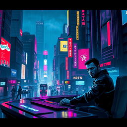 A futuristic cityscape inspired by Blade Runner 2049, featuring neon lights and a dark, moody atmosphere