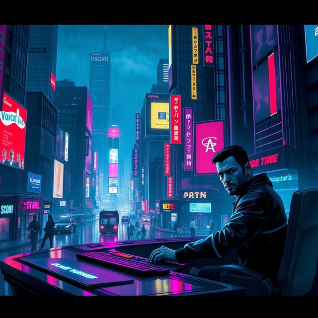 A futuristic cityscape inspired by Blade Runner 2049, featuring neon lights and a dark, moody atmosphere