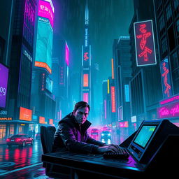 A futuristic cityscape inspired by Blade Runner 2049, featuring neon lights and a dark, moody atmosphere