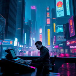 A futuristic cityscape inspired by Blade Runner 2049, featuring neon lights and a dark, moody atmosphere