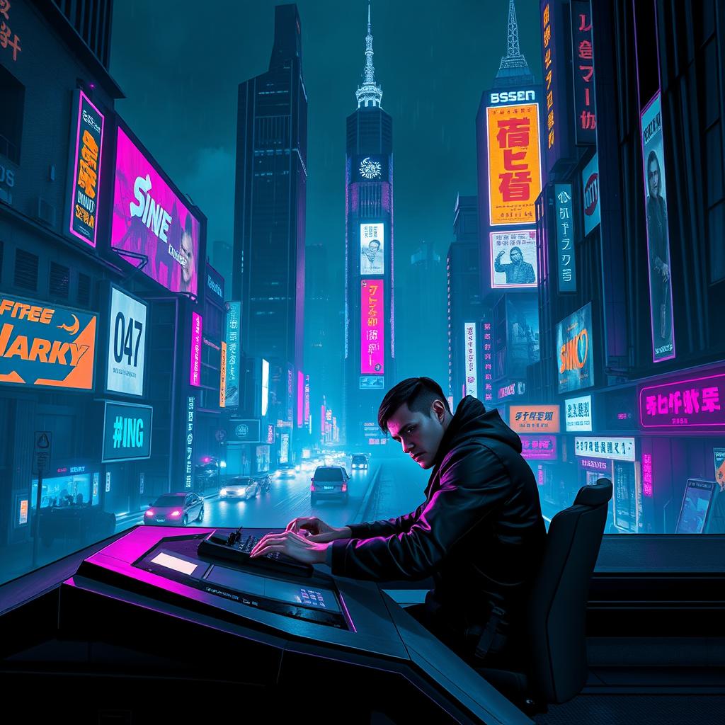 A futuristic cityscape inspired by Blade Runner 2049, featuring neon lights and a dark, moody atmosphere