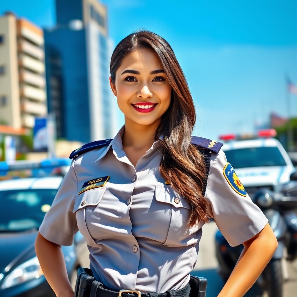 A stunning Filipina policewoman with large breasts, standing proud in her uniform