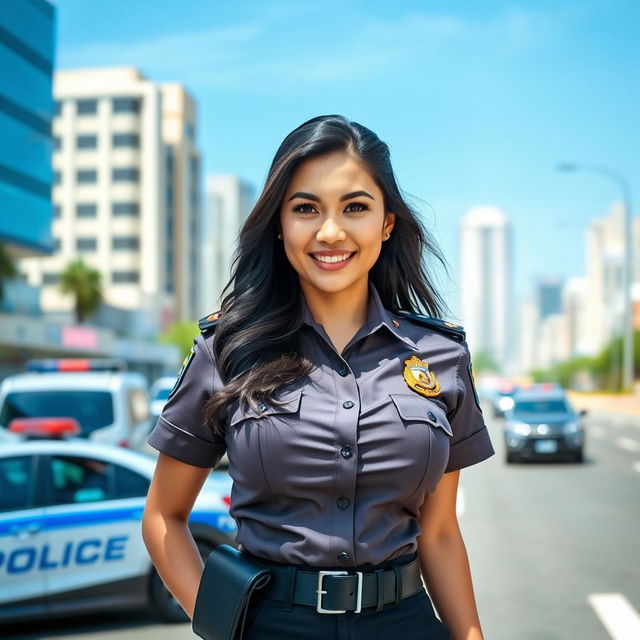 A stunning Filipina policewoman with large breasts, standing proud in her uniform