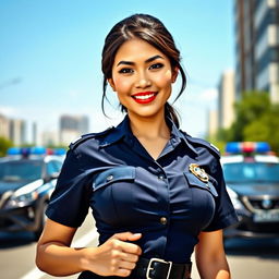 A stunning Filipina policewoman with large breasts, standing proud in her uniform