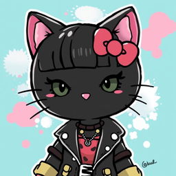 A stylized illustration of Hello Kitty as a black cat with short hair and bangs, featuring beautifully lined eyes and wearing blush