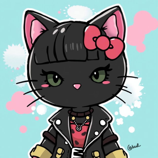 A stylized illustration of Hello Kitty as a black cat with short hair and bangs, featuring beautifully lined eyes and wearing blush