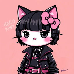 A stylized illustration of Hello Kitty as a black cat with short hair and bangs, featuring beautifully lined eyes and wearing blush