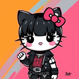 A stylized illustration of Hello Kitty as a black cat with short hair and bangs, featuring beautifully lined eyes and wearing blush