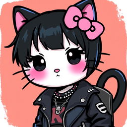 A stylized illustration of Hello Kitty as a black cat with short hair and bangs, featuring beautifully lined eyes and wearing blush