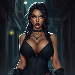 A striking Filipina female villain with large breasts, exuding an aura of danger and allure