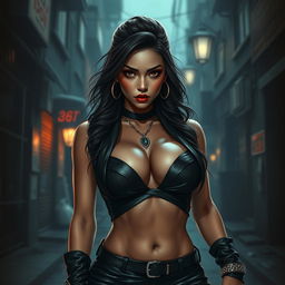 A striking Filipina female villain with large breasts, exuding an aura of danger and allure