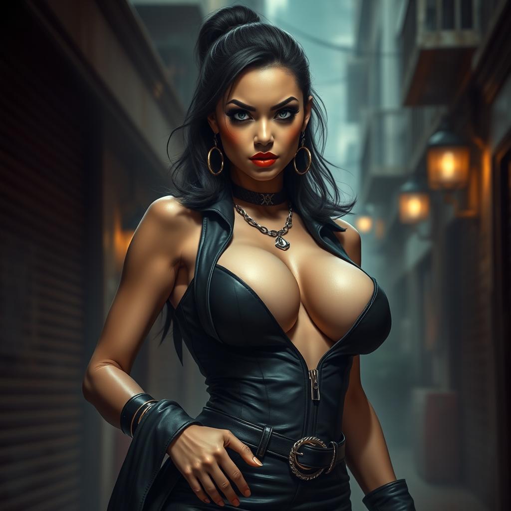 A striking Filipina female villain with large breasts, exuding an aura of danger and allure