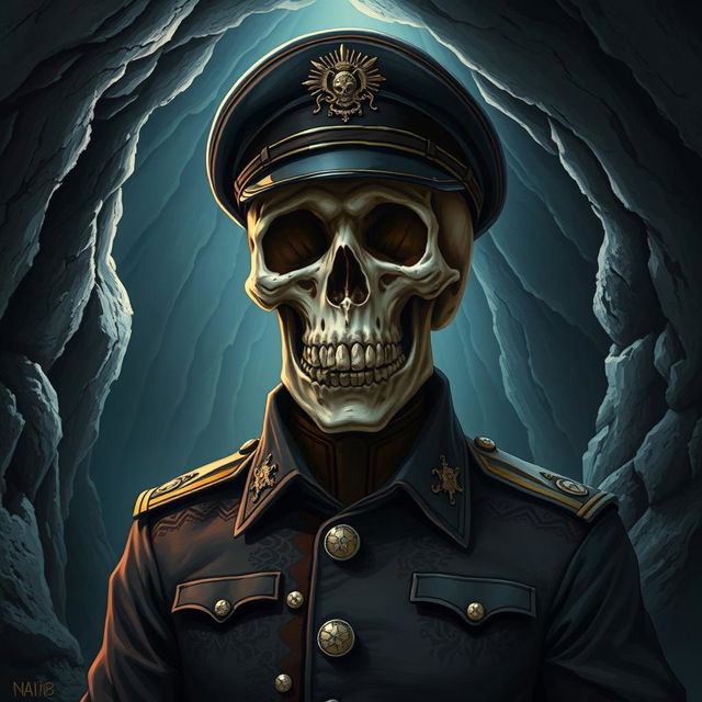 A detailed illustration of a skull dressed in a military uniform, showcasing intricate patterns and textures on the fabric