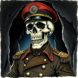 A detailed illustration of a skull dressed in a military uniform, showcasing intricate patterns and textures on the fabric