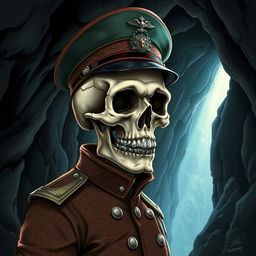 A detailed illustration of a skull dressed in a military uniform, showcasing intricate patterns and textures on the fabric