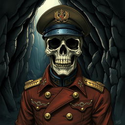 A detailed illustration of a skull dressed in a military uniform, showcasing intricate patterns and textures on the fabric