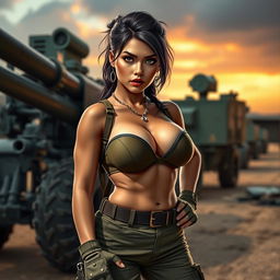 A captivating Filipina character, showcasing large breasts, standing confidently beside a mortar weapon in a military setting