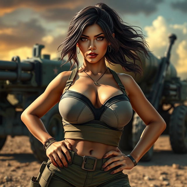 A captivating Filipina character, showcasing large breasts, standing confidently beside a mortar weapon in a military setting