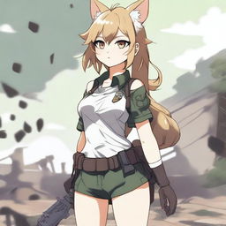 A high-quality digital art portraying an anime-style cat girl soldier in shorts