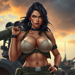 A captivating Filipina character, showcasing large breasts, standing confidently beside a mortar weapon in a military setting