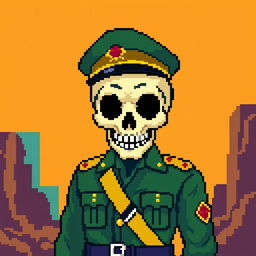 A vibrant pixel art depiction of a skull dressed in a military uniform