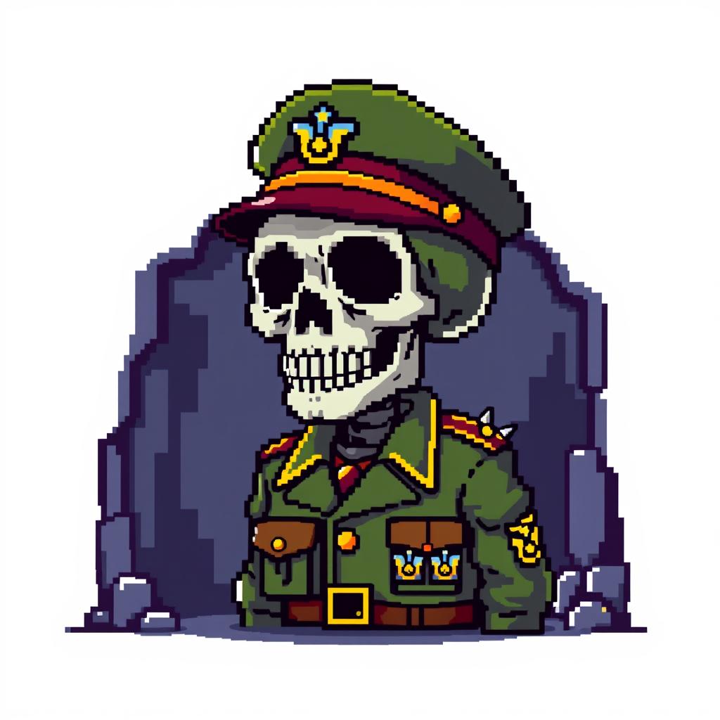 A vibrant pixel art depiction of a skull dressed in a military uniform