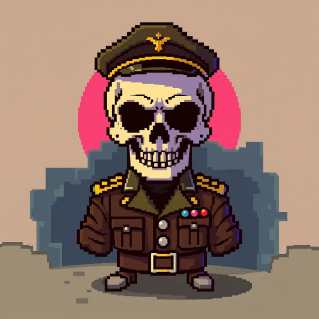 A vibrant pixel art depiction of a skull dressed in a military uniform