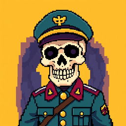 A vibrant pixel art depiction of a skull dressed in a military uniform