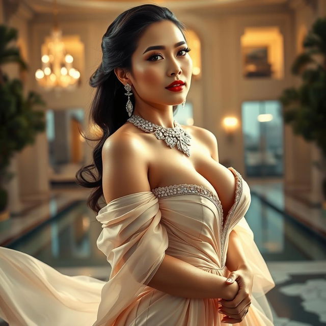 An elegant and beautiful Filipina woman with large breasts, exuding luxury and sophistication