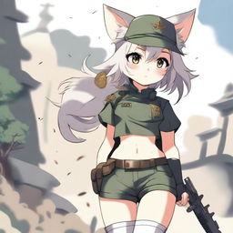 A high-quality digital art portraying an anime-style cat girl soldier in shorts