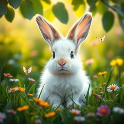 A cute baby bunny sitting in a lush green meadow, surrounded by colorful wildflowers, with soft sunlight filtering through the leaves above
