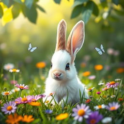 A cute baby bunny sitting in a lush green meadow, surrounded by colorful wildflowers, with soft sunlight filtering through the leaves above
