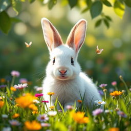 A cute baby bunny sitting in a lush green meadow, surrounded by colorful wildflowers, with soft sunlight filtering through the leaves above