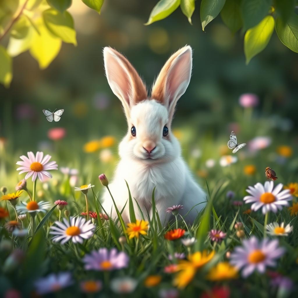 A cute baby bunny sitting in a lush green meadow, surrounded by colorful wildflowers, with soft sunlight filtering through the leaves above