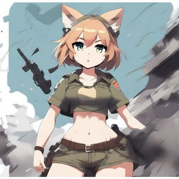 A high-quality digital art portraying an anime-style cat girl soldier in shorts